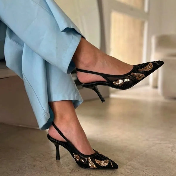 Escarpin Slingback Brodé à Bout Pointu